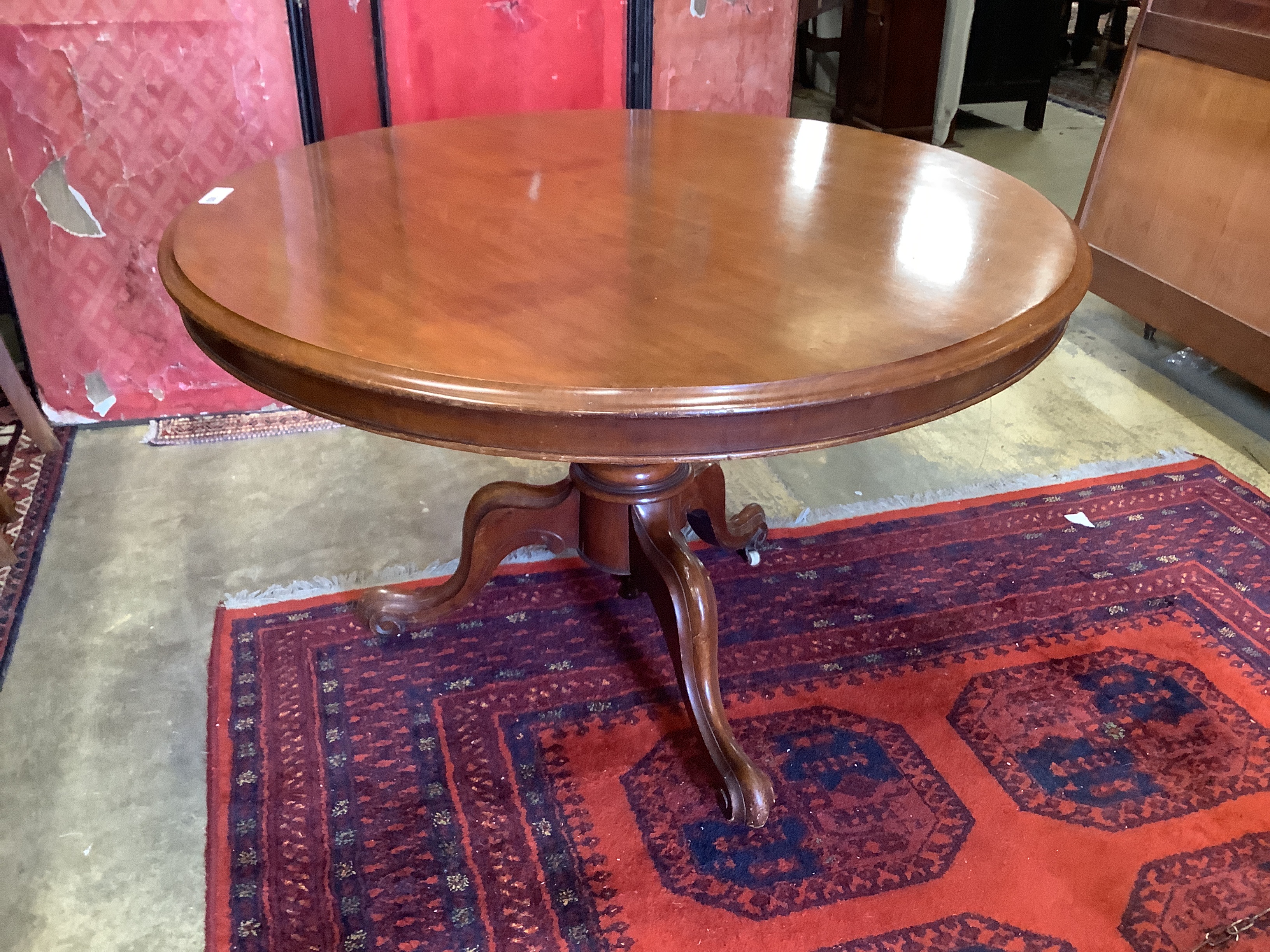 A Victorian mahogany circular tilt top tripod breakfast table, diameter 104cm, height 69cm